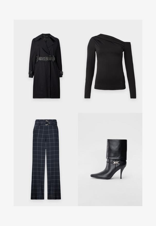 Melna trenču mēteļa ar jostu viduklī, plašu apkakli un pogām pie piedurknēm. Izgatavots no gludas auduma ar minimālistisku dizainu bez rakstiem.; Melnas garām piedurknēm blūze ar asimetrisku kakla izgriezumu, kur viens plecs ir atklāts un maigā drapējuma akcenti krūšu daļā.; Tumši zili raibi bikses ar platu kāju dizainu, kas satur jostu ar apaļu metāla sprādzi un baltām režģa līnijām uz gludas auduma.; Melnas ādas potīšu zābaki ar smailu purngalu, augstu stiletto papēdi, salocītu aproci un zeltītu dekoratīvu sprādzi uz potītes.