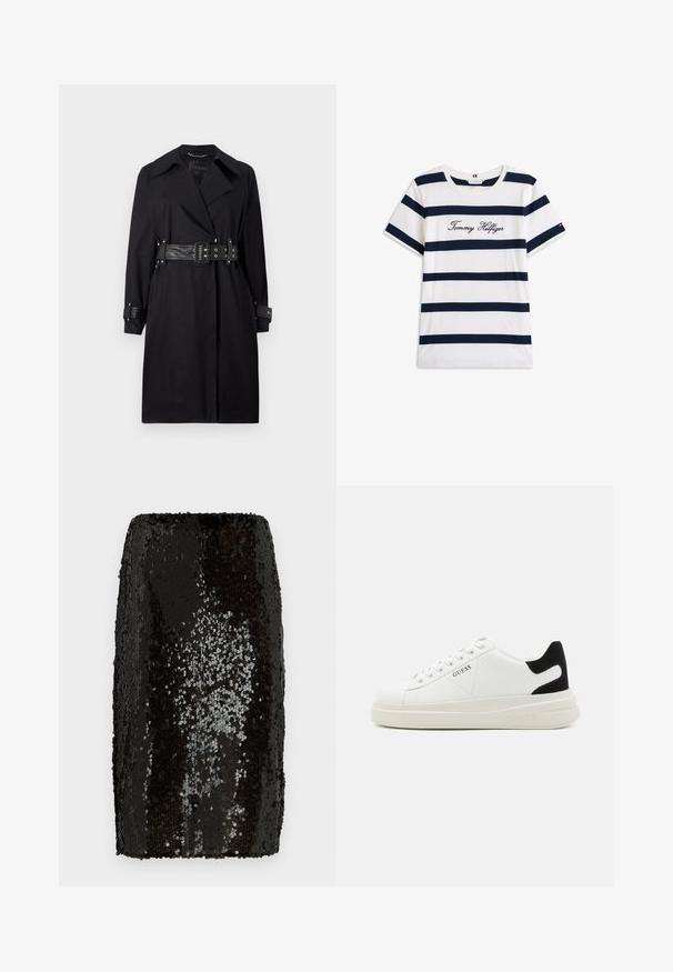 Palton negru cu talie accentuată printr-un brâu, guler larg și manșete cu nasturi. Construit dintr-un material fin, cu un design minimalist și fără modele.; Tricou din bumbac cu dungi orizontale bleumarin pe un fundal alb. "Tommy Hilfiger" brodat în stil cursiv pe piept. Decolteu rotund.; Fustă creion neagră cu sequins, cu un design ajustat. Dispune de sequins dens și reflexivi, creând o suprafață texturată. Captuseala interioară este netedă.; Adidași din piele albă cu o talpă groasă albă, accent de călcâi din suede negru și logo embosat pe lateral. Design cu șireturi și șase orificii.