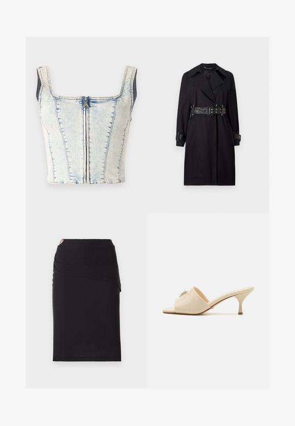 Černý trenčkot s opaskem v pase, širokým límcem a knoflíkovými manžetami. Vyrobený z hladkého materiálu s minimalistickým designem a bez vzorů.; Džínový crop top se čtvercovým výstřihem, světle modrý odstín, odhalený přední zip a silné ramínka. Obsahuje vertikální švy po celém povrchu.; Černá tužková sukně s asymetrickým designem vpředu, zdobená kovovým akcentem v pase. Vyrobena z elastického materiálu.; Krémové lakované kožené sandály typu mule s otvorenou špičkou a nízkým stiletto podpatkem. Obsahují centrální dekorativní prvek na svršku. Hladký, lesklý povrch.