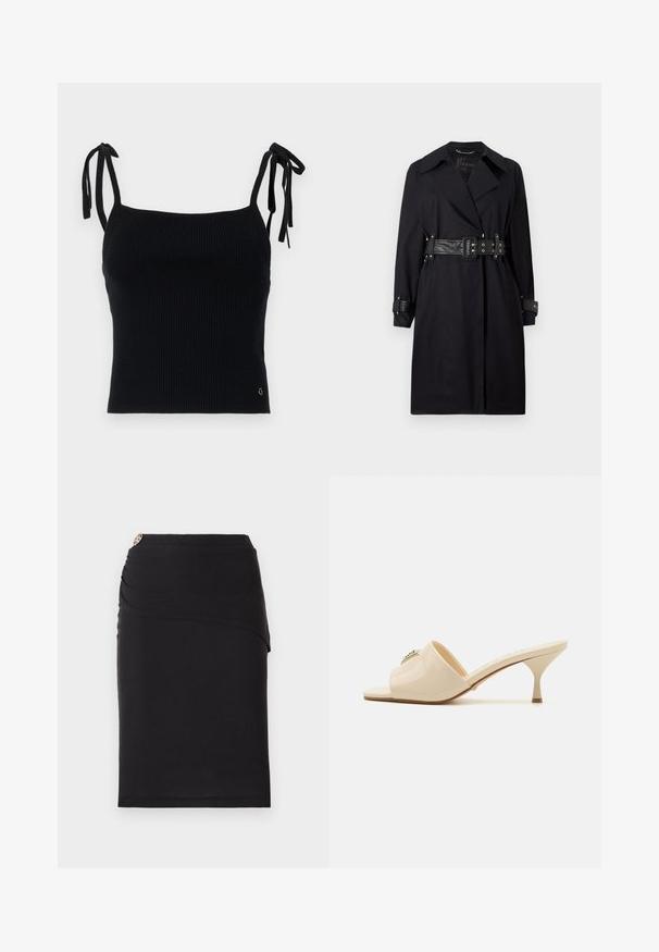 Černý trenčkot s opaskem v pase, širokým límcem a knoflíkovými manžetami. Vyrobený z hladkého materiálu s minimalistickým designem a bez vzorů.; Černý žebrovaný krátký top s nastavitelnými šňůrkami na ramínkách. Hladká textura, přiléhavý střih a decentní logo na dolním pravém rohu.; Černá tužková sukně s asymetrickým designem vpředu, zdobená kovovým akcentem v pase. Vyrobena z elastického materiálu.; Krémové lakované kožené sandály typu mule s otvorenou špičkou a nízkým stiletto podpatkem. Obsahují centrální dekorativní prvek na svršku. Hladký, lesklý povrch.