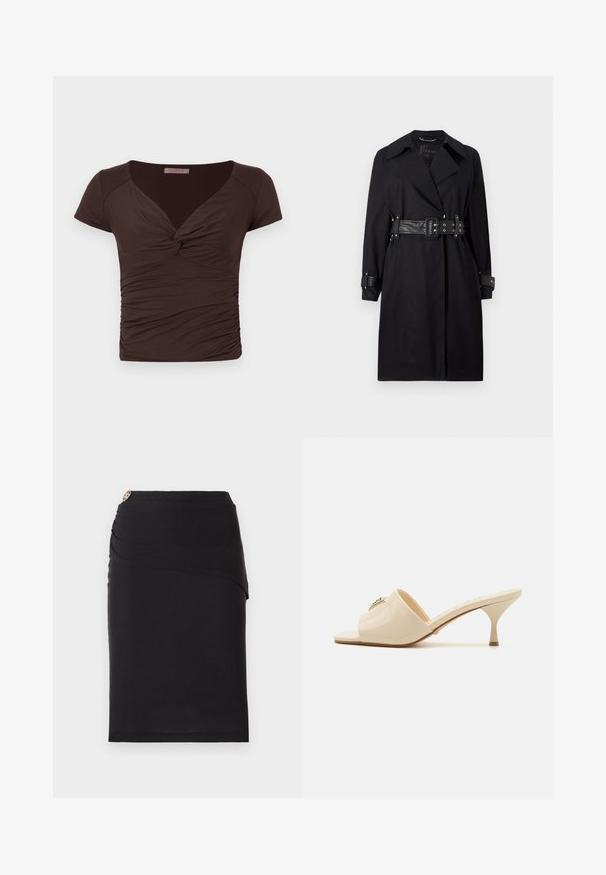 Fekete trench kabát övvel a deréknál, széles gallérral és gombos mandzsettával. Simább anyagból készült, minimalista dizájnnal és minta nélkül.; Barna, rövid ujjú felső V-nyakkal és csavart elülső résszel. Ráncolt anyagával testhezálló megjelenést biztosít, puha, rugalmas anyagból készült.; Fekete ceruza szoknya drapírozott elülső dizájnnal, dekoratív fém kiegészítővel a deréknál. Rugalmas anyagból készült.; Beige lakkbőr nyitott orrú muleszandál, alacsony stiletto sarokkal. Középen dekoratív díszítéssel ellátva. Simára polírozott, fényes felület.