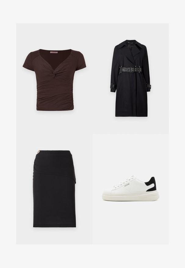 Melna trenču mēteļa ar jostu viduklī, plašu apkakli un pogām pie piedurknēm. Izgatavots no gludas auduma ar minimālistisku dizainu bez rakstiem.; Brūns īsām piedurknēm tops ar V-veida kakla izgriezumu un twisted priekšpusi. Iezīmēts ar racionētu audumu, lai nodrošinātu pieguļošu izskatu, izgatavots no mīksta, elastīga materiāla.; Melnā zīmuļu svārku ar drapētu priekšpusi, kas rotāta ar dekoratīvu metālu akcentu jostasvietā. Izgatavots no elastīga auduma.; Baltas ādas sporta apavi ar biezu balto zoli, melna zamša uzpura un izspiestais logotips sānos. Šņorējuma dizains ar sešiem acu caurumiem.