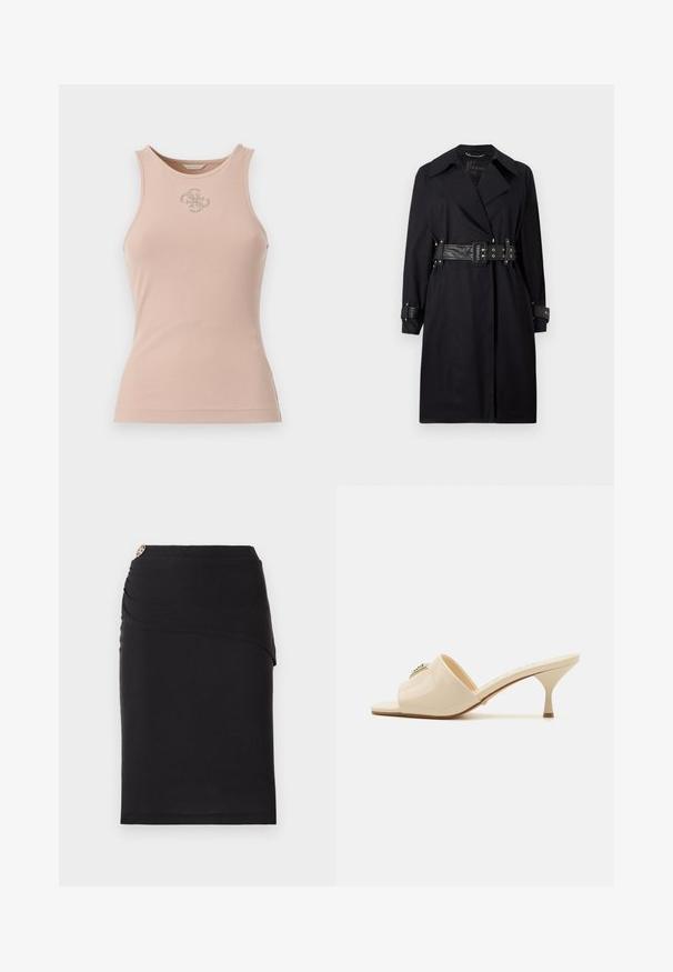 Juodas tranšėja su diržu juosmenyje, plačiais apykaklėmis ir sagomis ant rankovių. Pagaminta iš lygaus audinio, minimalistinio dizaino ir be raštų.; Rožinė gumbuota marškinėlė su apvalia iškirpte, su metaliniu logotipo akcentu priekyje ir prigludusia siluetu.; Juodas pieštukas sijonas su drapiruotu priekiniu dizainu, turintis dekoratyvų metalinį akcentą liemens srityje. Pagamintas iš elastingos medžiagos.; Smėlio spalvos patentuotas odinis atviras mules tipo sandalai su žemu stiletto kulnu. Zentralinis dekoratyvinis akcentas priekyje. Lygi, blizgi apdaila.