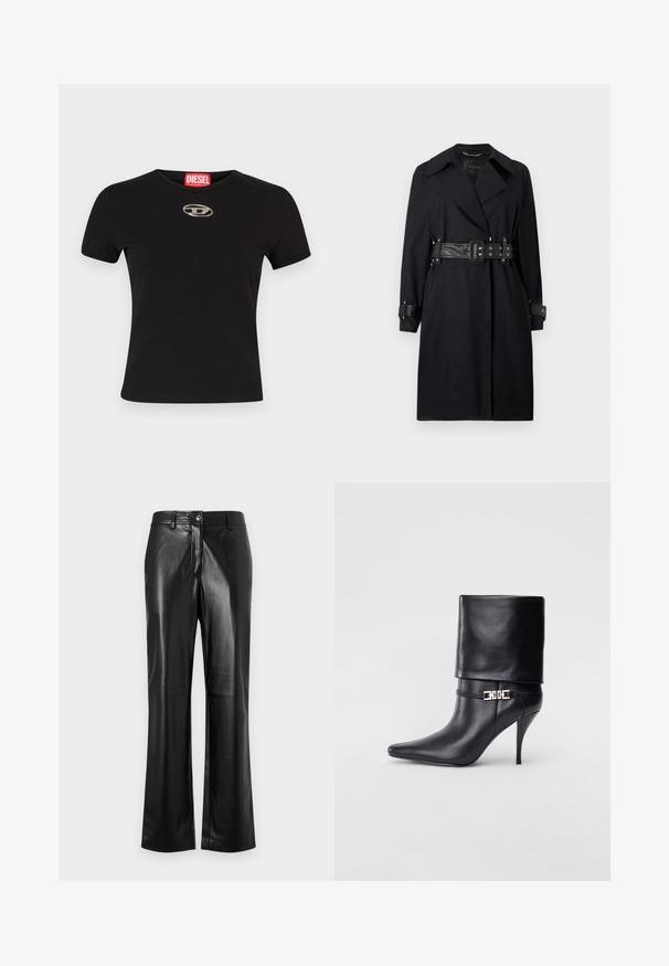 Melna trenču mēteļa ar jostu viduklī, plašu apkakli un pogām pie piedurknēm. Izgatavots no gludas auduma ar minimālistisku dizainu bez rakstiem.; Melna īsām piedurknēm T-kreklā, izgatavota no kokvilnas, ar apaļu kakla izgriezumu un metāliski ovālu logotipa akcentu uz priekšpuses.; Melnas ādas bikses ar taisnu kāju dizainu, ar priekšējo pogu aizdari, jostas cilpiņām un gludu, spīdīgu tekstūru.; Melnas ādas potīšu zābaki ar smailu purngalu, augstu stiletto papēdi, salocītu aproci un zeltītu dekoratīvu sprādzi uz potītes.