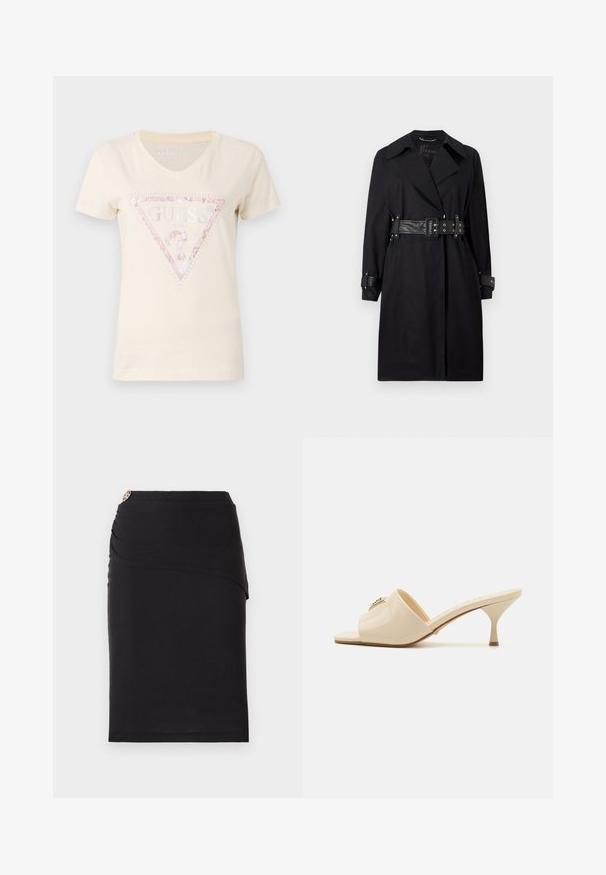 Zwarte trenchcoat met een ceintuurbundel, brede kraag en knoopmanchetten. Gemaakt van een gladde stof met een minimalistisch ontwerp en zonder patronen.; Korte mouwen, beige katoenen t-shirt met een V-hals en een roze glitter driehoeklogo met de tekst "GUESS" en versieringen.; Zwarte kokerrok met een gedrapeerd voorkantontwerp, voorzien van een decoratieve metalen accent bij de taille. Gemaakt van een rekbare stof.; Beige patent leather open-toe mule sandaal met een lage stilettohak. Kenmerken een centrale decoratieve accent op de bovenkant. Glad, glanzend afwerking.