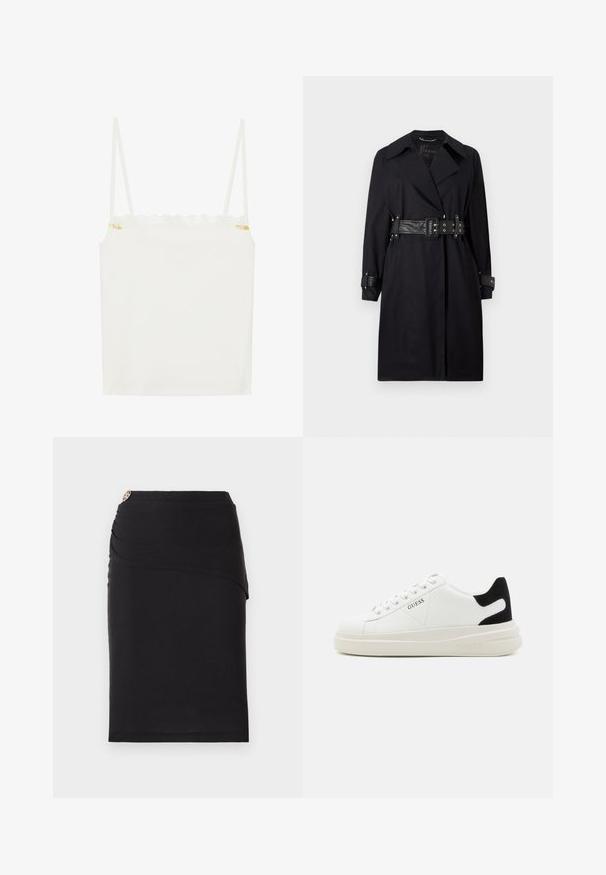 Casaco trench preto com cintura cinto, colarinho largo e punhos com botões. Feito de um tecido suave com um design minimalista e sem padrões.; Camisola branca com alças finas, com decote em renda com bordas recortadas e um pequeno detalhe floral de um lado. Textura suave, design simples.; Saia lápis preta com um design de frente drapeado, apresentando um detalhe metálico decorativo na cintura. Feita de um tecido elástico.; Sapatilhas brancas de couro com uma sola branca espessa, detalhe em camurça preta no calcanhar e logótipo em relevo na lateral. Design com atacadores e seis ilhós.