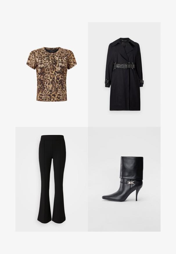 Black trench coat with a belted waist, wide collar, and buttoned cuffs. Made from a smooth fabric with a minimalist design and no patterns.; Leopard print short-sleeve t-shirt in brown and black tones. Features a round neckline and soft, lightweight fabric.; Black flared pants made of a stretchy material with a smooth texture, featuring seam details along the front for added design.; Black leather ankle boot with a pointed toe, high stiletto heel, fold-over cuff, and a gold decorative buckle detail on the ankle.