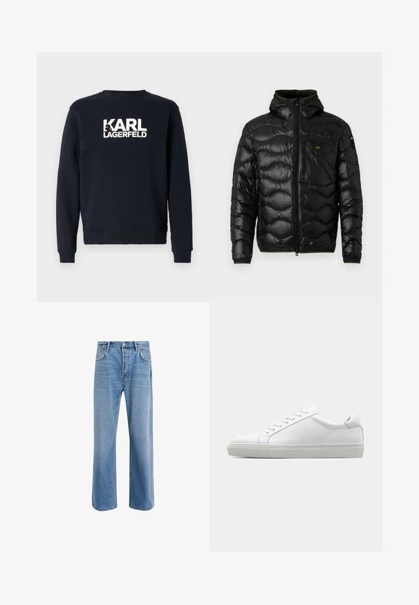 Melnā pūkainā jakas ar spīdīgu faktūru, kapuci, rāvējslēdzēja aizdari un viļņu rakstu. Detaļās ir krūšu kabata un kontrastējošas dzeltenas akcenti.; Jūras spēku sporta krekls ar garām piedurknēm un apaļu izgriezumu, uz kura krūšu daļas ir balts "KARL LAGERFELD" logo. Mīksta auduma tekstūra.; Gai zilas džinsu bikses ar taisnām kājām, piecām kabatām, pogu aizvēršanu, minimālu izbalēšanu un kontrastējošiem šuvju elementiem.; Baltie sporta apavi ar gludu ādas virsu un zemu profilu. Iezīmējas ar noapaļotu purngalu, sešām acīm un teksturētu gumijas zoli.