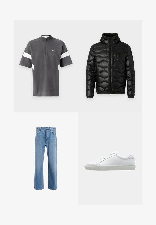 Melnā pūkainā jakas ar spīdīgu faktūru, kapuci, rāvējslēdzēja aizdari un viļņu rakstu. Detaļās ir krūšu kabata un kontrastējošas dzeltenas akcenti.; Pelēka sporta krekls ar īsām piedurknēm, ar rāvējslēdzēja apkakli un baltām akcentu svītrām. Priekšpusē ir teksturēts raksts ar "BOSS" logo.; Gai zilas džinsu bikses ar taisnām kājām, piecām kabatām, pogu aizvēršanu, minimālu izbalēšanu un kontrastējošiem šuvju elementiem.; Baltie sporta apavi ar gludu ādas virsu un zemu profilu. Iezīmējas ar noapaļotu purngalu, sešām acīm un teksturētu gumijas zoli.
