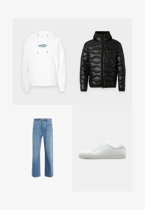 Črna puhovka z sijočo teksturo, kapuco, zadrgo in valovnim vzorcem. Ima žep na prsih in kontrastne rumene detajle.; Bela jopa s kapuco in sprednjim žepom, na sredini prsnega koša je modro-zelen ovalni znak "GUESS JEANS" s vrvico za zategovanje kape.; Svetlo modre denim kavbojke s ravno nogavico, petimi žepi, z gumbom za zapiranje, minimalnim zbledelostjo in kontrastnimi šivi.; Bela športna obutev z gladkim usnjenim zgornjim delom in nizkim profilom. Ima zaokrožen nos, šest lukenj za vezalke in teksturiran gumijast podplat.