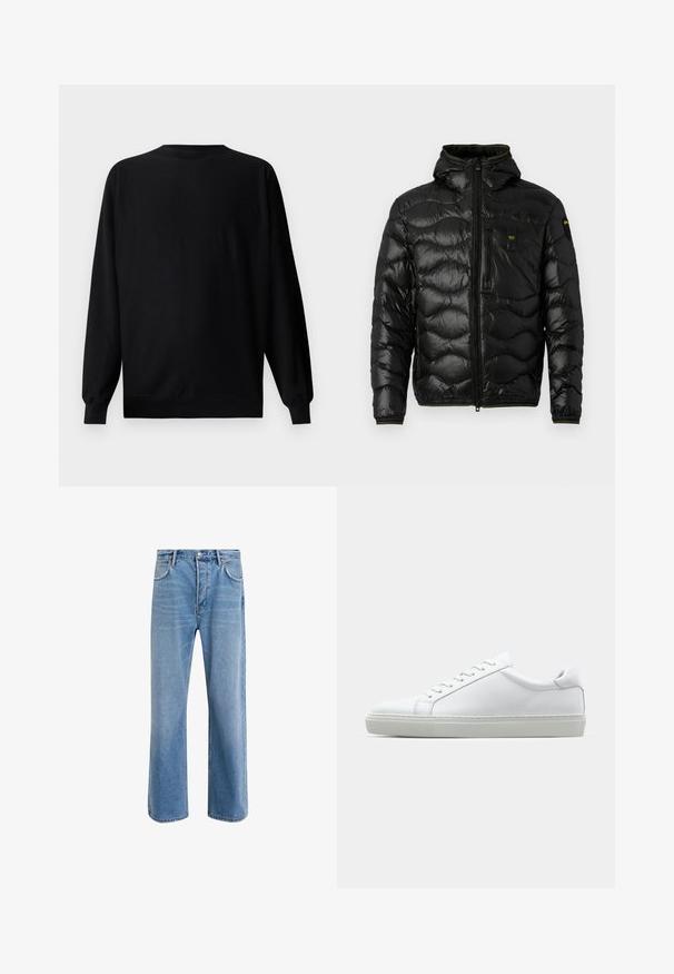 Giacca a vento nera con texture lucida, cappuccio, chiusura con zip e motivo a onde. Presenta una tasca sul petto e accenti gialli a contrasto.; Felpa nera con maniche lunghe, scollatura a girocollo e polsini a costine. Presenta un logo goffrato discreto nella zona sinistra del petto.; Jeans in denim blu chiaro con design a gamba dritta, cinque tasche, chiusura con bottone, leggero sbiadimento e dettagli di cucitura a contrasto.; Sneaker bianco con tomaia in pelle liscia e profilo basso. Presenta una punta arrotondata, sei occhielli e una suola in gomma testurizzata.