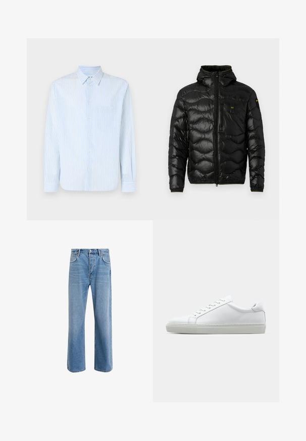 Zwarte pufferjack met een glanzende textuur, capuchon, ritsluiting en golvenpatroon. Voorzien van een borstzak en contrasterende gele accenten.; Lichtblauw gestreept overhemd met knopen, lange mouwen, standaard kraag en één borstzak. Gemaakt van een gladde stof met verticale strepen.; Lichtblauwe denim jeans met een straight-leg ontwerp, vijf zakken, knoopsluiting, minimale vervaging en contrasterende stikseldetails.; Witte sneaker met een gladlederen bovenwerk en een laag profiel. Voorzien van een ronde neus, zes vetergaatjes en een gestructureerde rubberen zool.