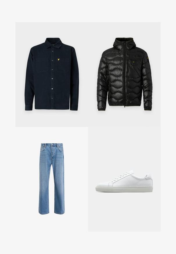 Černá prošívaná bunda s lesklou texturou, kapucí, zipovým zapínáním a vlnitým vzorem. Obsahuje náprsní kapsu a kontrastní žluté akcenty.; Tmavě modrá manšestrová košile s knoflíkovým zapínáním, dvěma náprsními kapsami a malým žlutým logem na levé kapse.; Světle modré džínové kalhoty s rovnými nohavicemi, pěti kapsami, zapínáním na knoflík, minimálním vyblednutím a kontrastním prošitím.; Bílé tenisky s hladkým koženým svrškem a nízkým profilem. Mají zaoblenou špičku, šest nýtů a texturovanou gumovou podrážku.