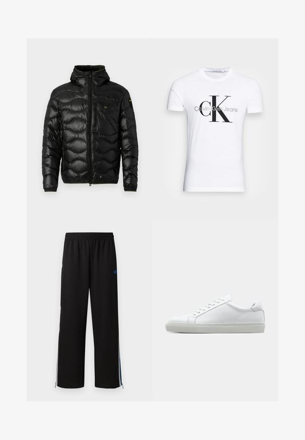 Černá prošívaná bunda s lesklou texturou, kapucí, zipovým zapínáním a vlnitým vzorem. Obsahuje náprsní kapsu a kontrastní žluté akcenty.; Bílý bavlněný tričko s černým logem "CK" a textem "Calvin Klein Jeans", krátké rukávy a klasický kulatý výstřih.; Černé sportovní kalhoty s elastickým pasem, bočními zipy a modrými akcenty na vnějších švech. Hladká tkanina s rovnými nohavicemi.; Bílé tenisky s hladkým koženým svrškem a nízkým profilem. Mají zaoblenou špičku, šest nýtů a texturovanou gumovou podrážku.