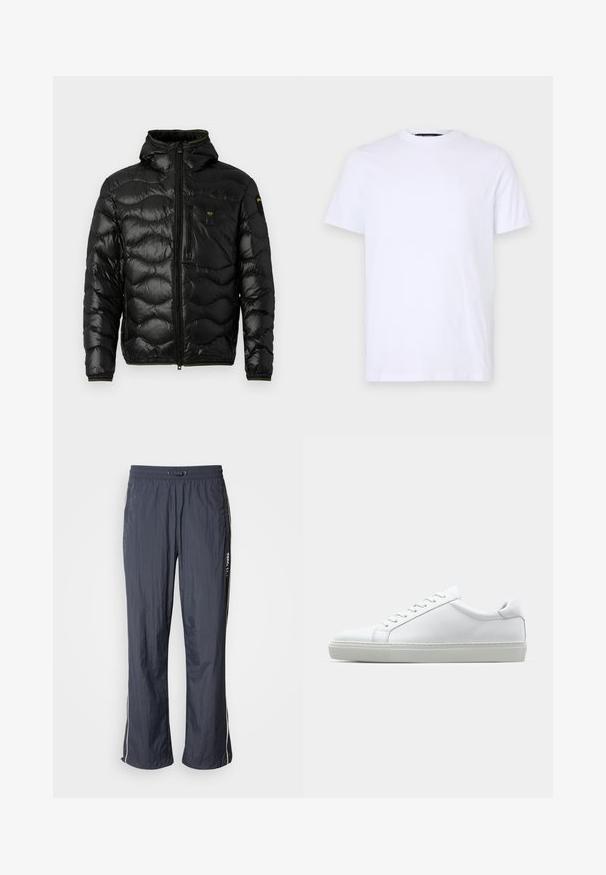 Jachetă puffer neagră cu o textură lucioasă, glugă, închidere cu fermoar și model în valuri. Dispune de un buzunar pe piept și accente galbene contrastante.; Tricou din bumbac alb cu mâneci scurte, guler rotund, cu un logo subtire embossat pe partea stângă a pieptului, textură netedă.; Pantaloni de trening ușori, de culoare bleumarin, cu talie elastică, buzunare laterale și dungi albe pe laterale. Textură netedă.; Adidași albi cu o suprafață din piele netedă și un profil jos. Au un vârf rotunjit, șase orificii pentru șireturi și o talpă din cauciuc texturată.
