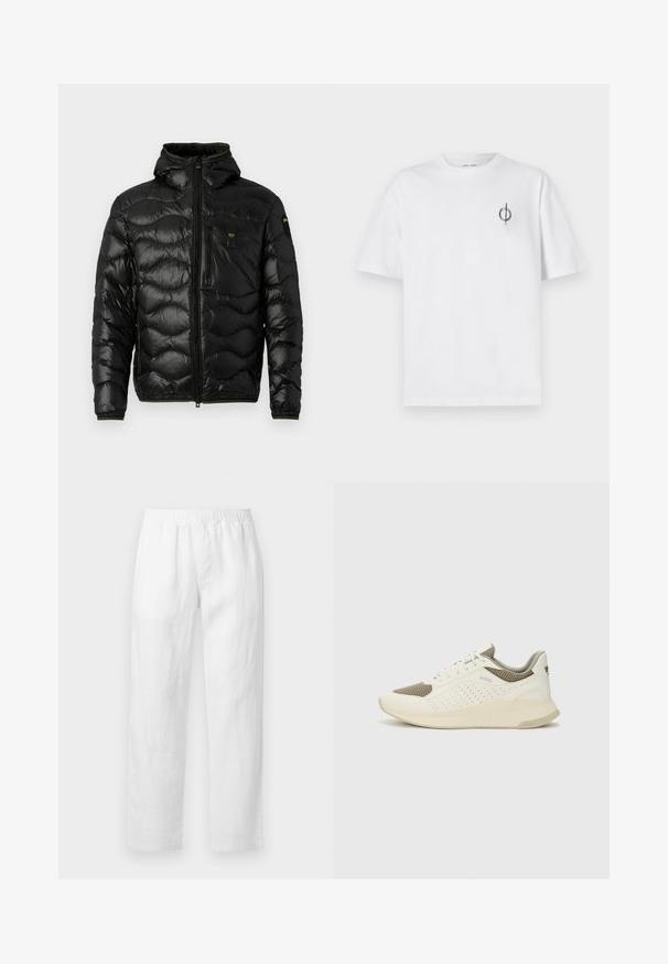 Jachetă puffer neagră cu o textură lucioasă, glugă, închidere cu fermoar și model în valuri. Dispune de un buzunar pe piept și accente galbene contrastante.; Tricou alb din bumbac cu o croială lejeră, având un mic logo grafic negru în zona stângă a pieptului. Mâneci scurte, stil guler rotund.; Pantaloni albi din in, cu talie elastică, croială dreaptă și textură moale, fără modele vizibile sau detalii metalice.; Tenis sportivi alb și bej deschis, cu un înveliș din plasă, detalii perforate și o talpă intermediară texturată, având marcaj pe călcâi.