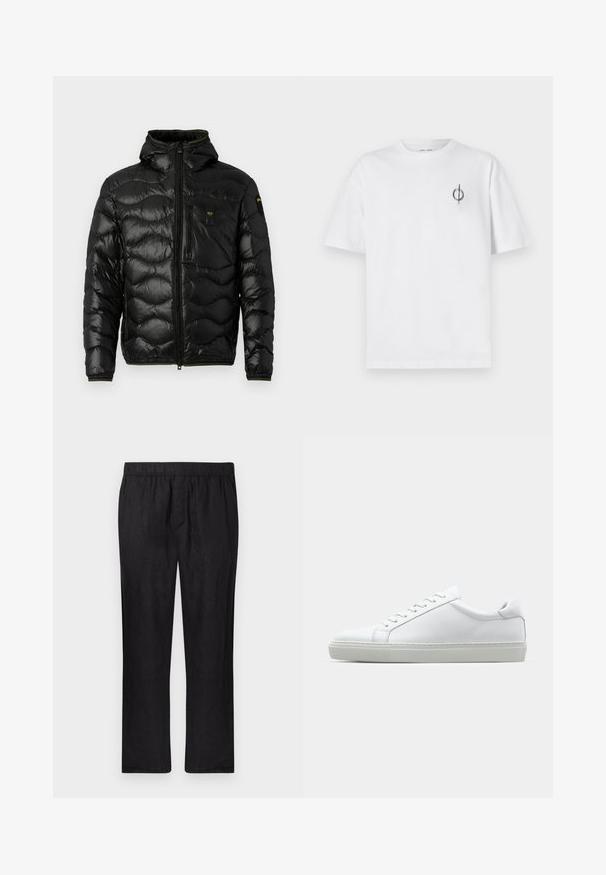 Giacca a vento nera con texture lucida, cappuccio, chiusura con zip e motivo a onde. Presenta una tasca sul petto e accenti gialli a contrasto.; T-shirt in cotone bianco con vestibilità rilassata, presenta un piccolo logo grafico nero nella zona sinistra del petto. Maniche corte, collo a giro.; Pantaloni neri in lino con vita elasticizzata e design a gamba dritta. Tessuto leggero con texture liscia, senza motivi o accessori visibili.; Sneaker bianco con tomaia in pelle liscia e profilo basso. Presenta una punta arrotondata, sei occhielli e una suola in gomma testurizzata.