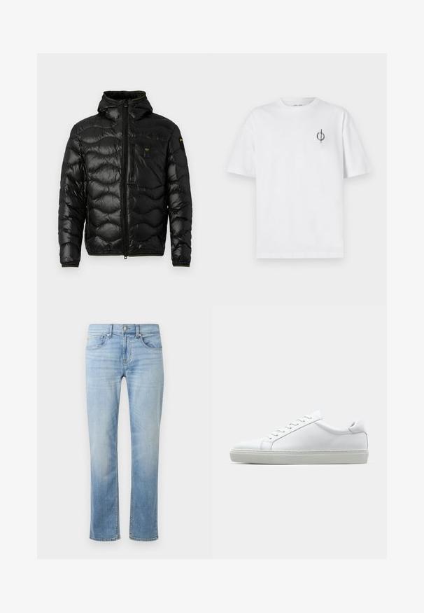 Black puffer jacket with a shiny texture, hood, zip closure, and wave pattern. Features a chest pocket and contrasting yellow accents.; White cotton t-shirt with a relaxed fit, featuring a small black graphic logo on the left chest area. Short sleeves, crew neck style.; Light blue denim jeans with a straight leg design, five pockets, visible stitching, and a faded finish near the thighs and knees.; White sneaker with a smooth leather upper and a low profile. Features a rounded toe, six eyelets, and a textured rubber sole.