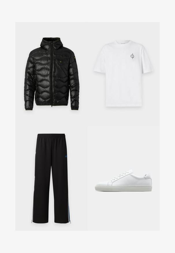 Musta puhvitakki, jossa on kiiltävä pinta, huppu, vetoketjusuljenta ja aaltoileva kuvio. Varustettu rintataskulla ja kontrastoivilla keltaisilla yksityiskohdilla.; Valkoinen puuvillapaita rentoa istuvuutta, jossa on pieni musta graafinen logo vasemmassa rintataskussa. Lyhyet hihat, pyöreä kaula-aukko.; Mustat juoksuhousut elastisella vyötäröllä, sivuvetoketjuilla ja sinisillä yksityiskohdilla ulkopuolella. Sujuva materiaali suoran lahkeen muotoilulla.; Valkoinen tennari, jossa on sileä nahkapäällinen ja matala profiili. Ominaisuuksiin kuuluu pyöreä kärki, kuusi rei'itystä ja teksturoitu kumipohja.