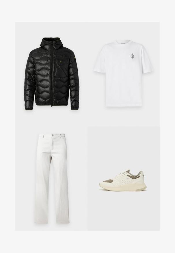 Giacca a vento nera con texture lucida, cappuccio, chiusura con zip e motivo a onde. Presenta una tasca sul petto e accenti gialli a contrasto.; T-shirt in cotone bianco con vestibilità rilassata, presenta un piccolo logo grafico nero nella zona sinistra del petto. Maniche corte, collo a giro.; Pantaloni grigi chiari dallo stile a gamba dritta, realizzati in un tessuto morbido, con chiusura frontale a bottoni e tasche laterali.; Sneaker atletica bianca e beige chiaro, con tomaia in mesh, dettagli perforati e una suola intermedia texturizzata con marchio sul tallone.