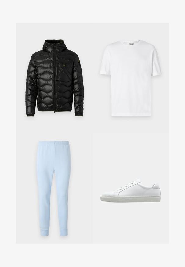 Black puffer jacket with a shiny texture, hood, zip closure, and wave pattern. Features a chest pocket and contrasting yellow accents.; White cotton t-shirt with a crew neck, short sleeves, and rolled cuffs; unadorned design, soft texture, and straight cut.; Light blue sweatpants made of soft fabric, featuring an elastic waistband and tapered cuffs. No visible patterns or hardware accents.; White sneaker with a smooth leather upper and a low profile. Features a rounded toe, six eyelets, and a textured rubber sole.