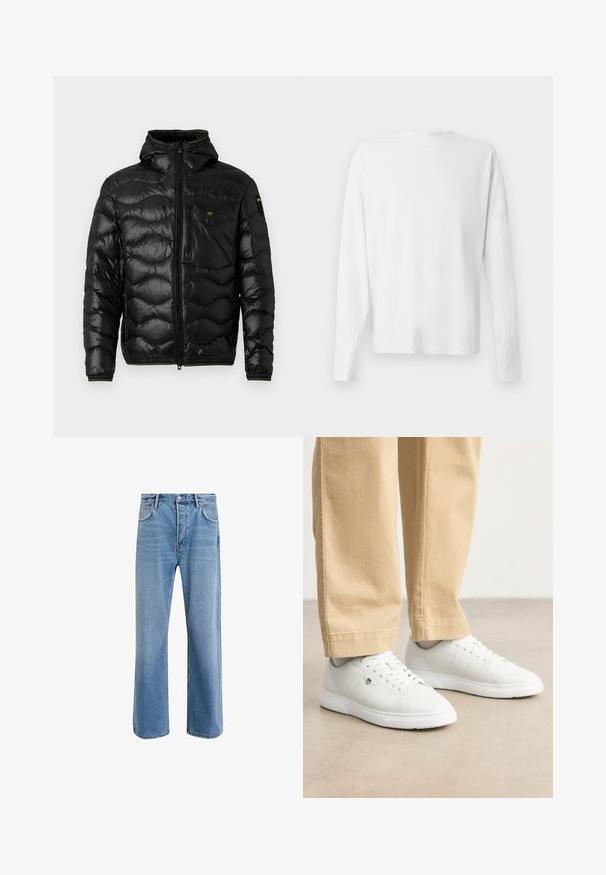 Musta puhvitakki, jossa on kiiltävä pinta, huppu, vetoketjusuljenta ja aaltoileva kuvio. Varustettu rintataskulla ja kontrastoivilla keltaisilla yksityiskohdilla.; Pitkähihaisesta valkoisesta puuvillapaidasta, jossa on pyöreä pääntie, sivuhaalareita alaosassa ja sileä pinta, näkyy takaa.; Vaaleansiniset farkut suoranlahkeisella muotoilulla, viisi taskua, nappisuljenta, vähäinen kuluminen ja kontrastiväriset ompeluyksityiskohdat.; Valkoiset nahkakengät, joissa on sileä pinta, pyöreä kärki, nauhakiinnitys ja hienovarainen logoyksityiskohta sivussa, yhdistettynä beigeihin housuihin.