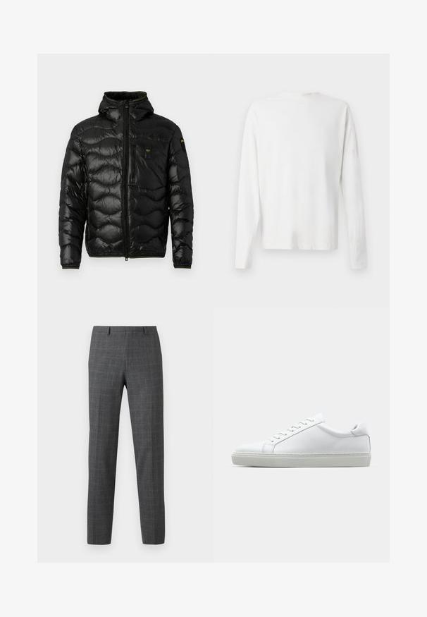 Črna puhovka z sijočo teksturo, kapuco, zadrgo in valovnim vzorcem. Ima žep na prsih in kontrastne rumene detajle.; Bela bombažna srajca z dolgimi rokavi in okroglo ovratnikom, z bočnimi razporki na dnu in gladko teksturo, prikazana s hrbtne strani.; Sive karirane hlače s prilagojenim krojem, ki imajo gladko teksturo, ravne noge in subtilne šivarske detajle.; Bela športna obutev z gladkim usnjenim zgornjim delom in nizkim profilom. Ima zaokrožen nos, šest lukenj za vezalke in teksturiran gumijast podplat.