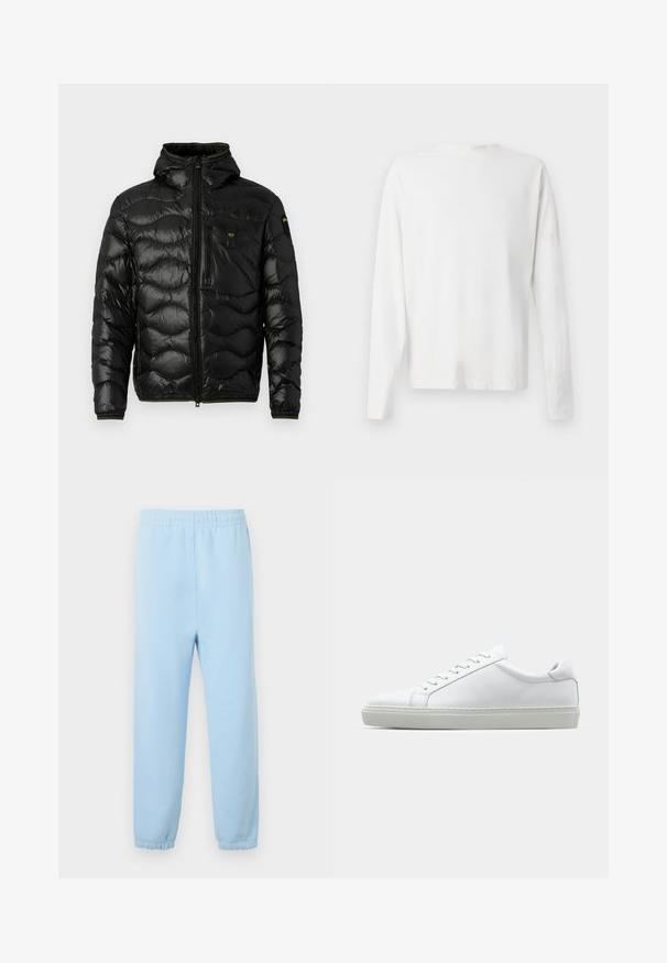 Melnā pūkainā jakas ar spīdīgu faktūru, kapuci, rāvējslēdzēja aizdari un viļņu rakstu. Detaļās ir krūšu kabata un kontrastējošas dzeltenas akcenti.; Garums piedurkņu baltā kokvilnas krekls ar apaļu dekoltē, sānu šķēlumiem apakšā un gludu tekstūru, redzams no aizmugures.; Gaiši zili sporta bikses ar elastīgu jostasvītru, ar piedurknēm un mīkstu tekstūru. Minimalistisks dizains, bez rakstiem vai rotājumiem.; Baltie sporta apavi ar gludu ādas virsu un zemu profilu. Iezīmējas ar noapaļotu purngalu, sešām acīm un teksturētu gumijas zoli.