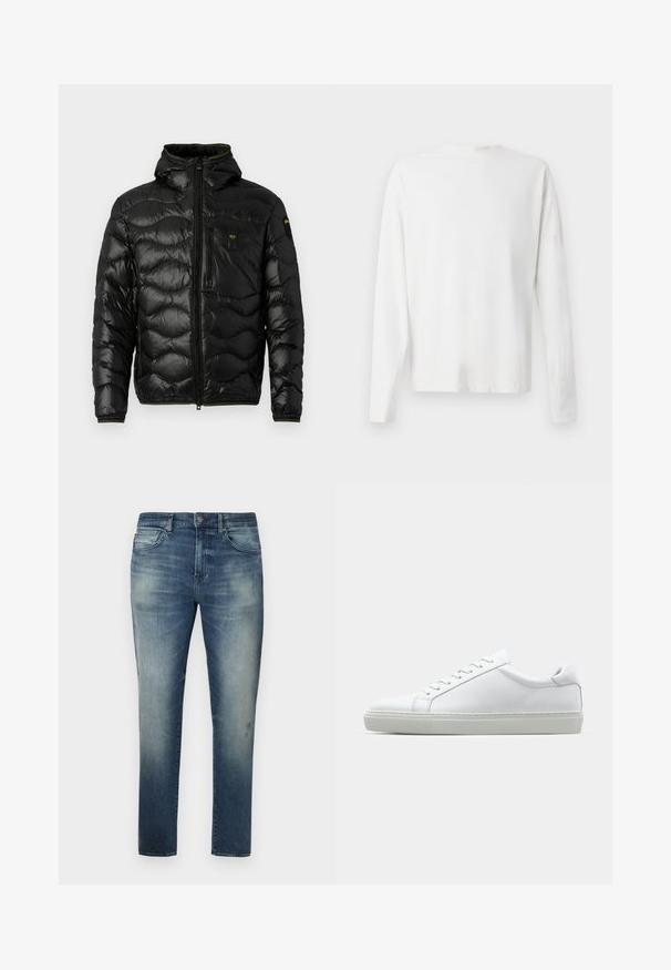 Crna puf jakna sjajne teksture, s kapuljačom, zatvaranjem na patentni zatvarač i valovitim uzorkom. Ima džep na grudima i kontrastne žute akcenta.; Bijela pamučna košulja dugih rukava s okruglim izrezom, bočnim prorezima pri dnu i glatkom teksturom, prikazana s leđa.; Plave traperice s izblijedjelim uzorkom, ravnog kroja, pet džepova i malim logom na pojasu, s kopčanjem na gumb.; Bijela tenisica s glatkim kožnim gornjim dijelom i niskim profilom. Ima zaobljen vrh, šest rupica za vezanje i teksturiranu gumenu podlogu.