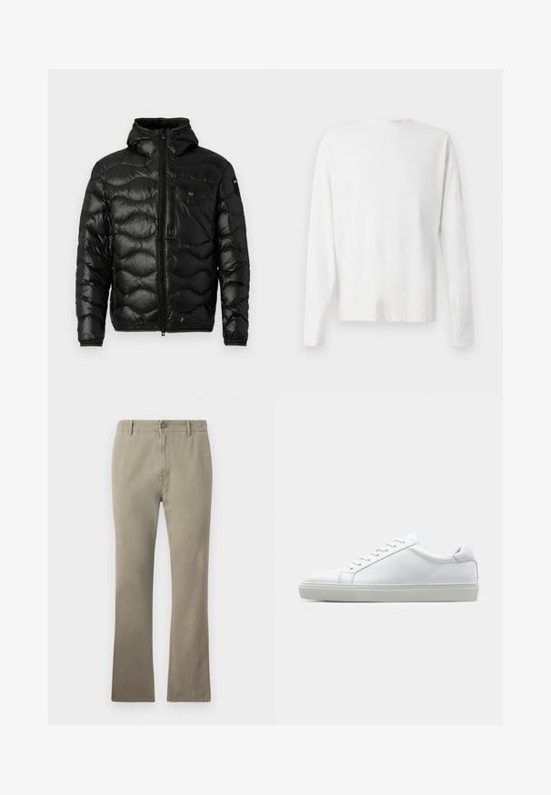 Veste matelassée noire avec une texture brillante, capuche, fermeture éclair et motif en vagues. Comprend une poche sur la poitrine et des accents jaunes contrastants.; Chemise en coton blanc à manches longues avec un col rond, fentes latérales en bas et une texture lisse, présentée de dos.; Pantalons en coton beige à coupe droite, avec fermeture bouton, passants de ceinture et surface légèrement texturée, adaptés pour un usage décontracté.; Sneaker blanche avec une tige en cuir lisse et un profil bas. Présente un bout arrondi, six œillets et une semelle en caoutchouc texturé.