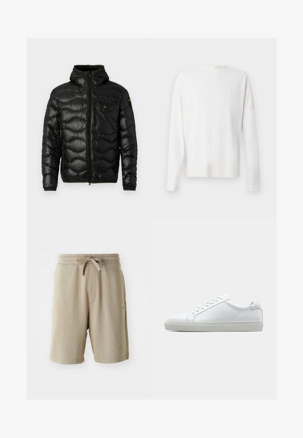 Chaqueta acolchada negra con una textura brillante, capucha, cierre de cremallera y patrón en forma de ola. Presenta un bolsillo en el pecho y acentos en amarillo contrastante.; Camisa de algodón blanca de manga larga con cuello redondo, aberturas laterales en la parte inferior y una textura suave, exhibida desde la parte de atrás.; Pantalones cortos beige de textura suave, con cintura elástica, cordón de ajuste y bolsillos laterales. Largos hasta medio muslo y con una marca mínima en el dobladillo.; Zapatilla blanca con parte superior de cuero liso y perfil bajo. Presenta una puntera redondeada, seis ojales y una suela de goma texturizada.