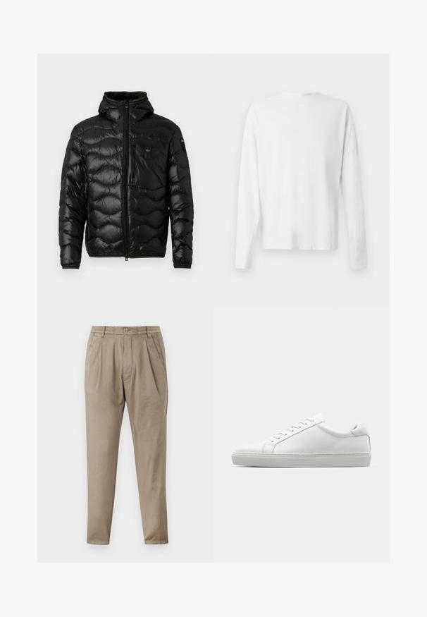 Jachetă puffer neagră cu o textură lucioasă, glugă, închidere cu fermoar și model în valuri. Dispune de un buzunar pe piept și accente galbene contrastante.; Cămașă albă din bumbac cu mâneci lungi, decolteu rotund, fante pe laterale la baza, cu o textură netedă, expusă din spate.; Pantaloni bej dintr-un material moale, cu o croială lejeră, față pliată, talie elastică și picioare conice.; Adidași albi cu o suprafață din piele netedă și un profil jos. Au un vârf rotunjit, șase orificii pentru șireturi și o talpă din cauciuc texturată.