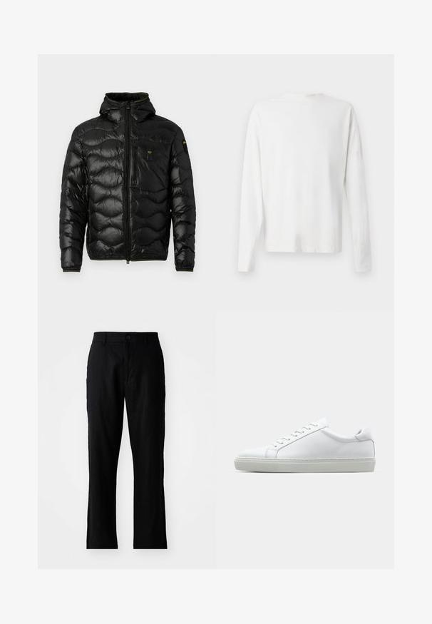 Zwarte pufferjack met een glanzende textuur, capuchon, ritsluiting en golvenpatroon. Voorzien van een borstzak en contrasterende gele accenten.; Witte katoenen blouse met lange mouwen en een ronde halslijn, met zijsplitten aan de onderkant en een gladde textuur, vanuit de achterkant weergegeven.; Zwarte linnen broek met een rechte snit, voorzien van een knoopsluiting en zonder zichtbare patronen, met een gladde textuur en standaard zakken.; Witte sneaker met een gladlederen bovenwerk en een laag profiel. Voorzien van een ronde neus, zes vetergaatjes en een gestructureerde rubberen zool.