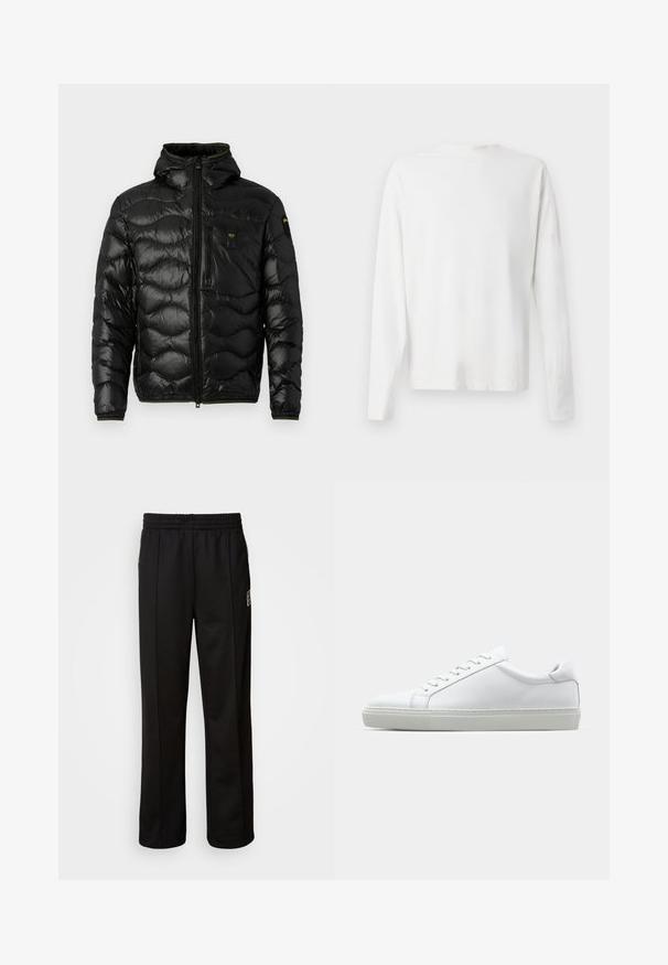 Black puffer jacket with a shiny texture, hood, zip closure, and wave pattern. Features a chest pocket and contrasting yellow accents.; Long-sleeved white cotton shirt with a round neckline, side slits at the bottom, and a smooth texture, displayed from the back.; Calvin Klein STRIPE - Tracksuit bottoms - black; White sneaker with a smooth leather upper and a low profile. Features a rounded toe, six eyelets, and a textured rubber sole.