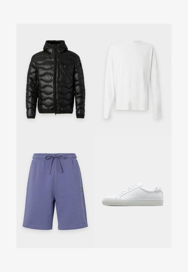 Črna puhovka z sijočo teksturo, kapuco, zadrgo in valovnim vzorcem. Ima žep na prsih in kontrastne rumene detajle.; Bela bombažna srajca z dolgimi rokavi in okroglo ovratnikom, z bočnimi razporki na dnu in gladko teksturo, prikazana s hrbtne strani.; Vijolične bombažne kratke hlače z elastičnim pasom in vrvico. Imajo stranske žepke in majhen rumen logo na levi nogi.; Bela športna obutev z gladkim usnjenim zgornjim delom in nizkim profilom. Ima zaokrožen nos, šest lukenj za vezalke in teksturiran gumijast podplat.