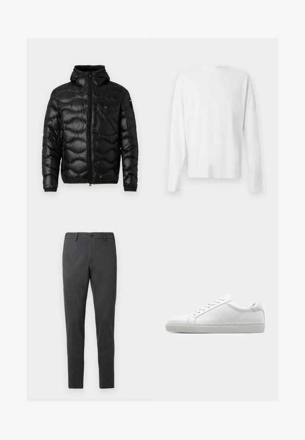 Svart pufferjacka med en glänsande yta, huva, dragkedjeslutning och vågmönster. Har en bröstficka och kontrasterande gula detaljer.; Vit långärmad skjorta i bomull med rund halsringning, sidofickor längst ner och en slät yta, visad bakifrån.; Mörkgrå byxor i ett texturerat tyg. Fitted design med rak ben, med en enda knappknäppning och bälteshylsor.; Vit sneaker med en slät läderövre och låg profil. Har en rundad tå, sex snörhål och en strukturerad gummisula.
