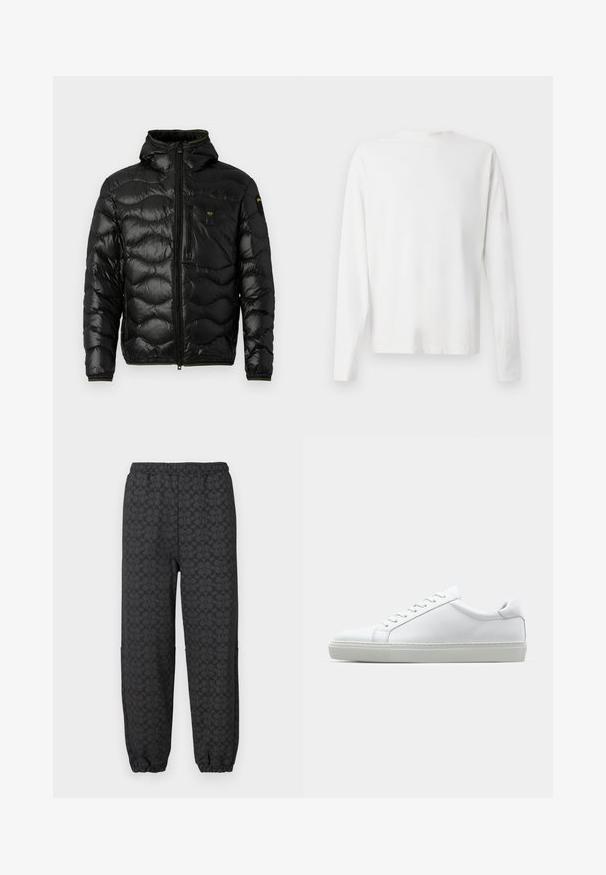 Sort dunjakke med en skinnende overflade, hætte, lynlåslukning og bølge mønster. Har en brystlomme og kontrasterende gule accenter.; Langærmet hvid bomulds skjorte med rund halsudskæring, sideslids i bunden og en glat overflade, vist bagfra.; COACH NEW ESSENTIAL - Træningsbukser - charcoal; Hvide sneakers med en glat læderoverdel og lav profil. Har en rund tå, seks snørehuller og en tekstureret gummisål.