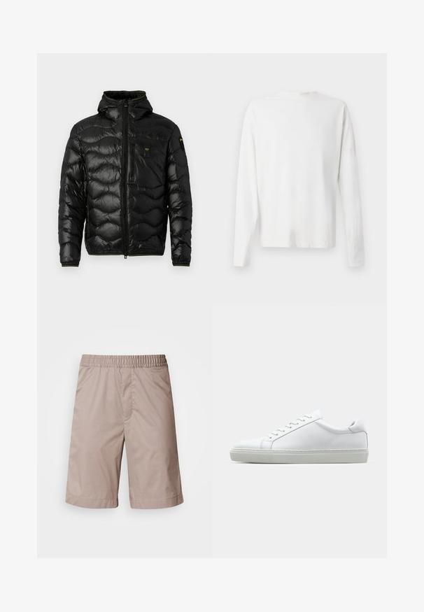 Sort dunjakke med en skinnende overflade, hætte, lynlåslukning og bølge mønster. Har en brystlomme og kontrasterende gule accenter.; Langærmet hvid bomulds skjorte med rund halsudskæring, sideslids i bunden og en glat overflade, vist bagfra.; Beige shorts med elastisk talje, glat tekstur, knælængde og uden synlige mønstre eller hårde detaljer.; Hvide sneakers med en glat læderoverdel og lav profil. Har en rund tå, seks snørehuller og en tekstureret gummisål.