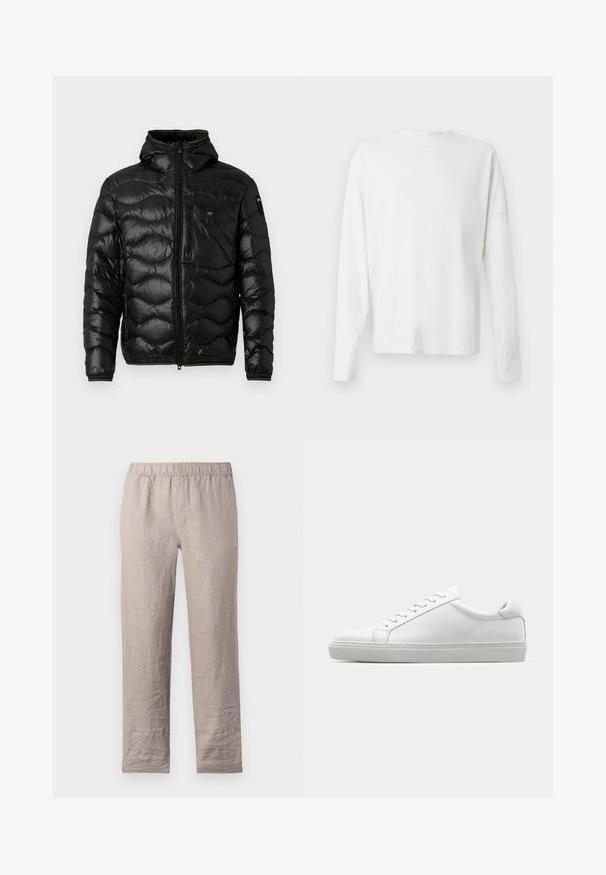 Melnā pūkainā jakas ar spīdīgu faktūru, kapuci, rāvējslēdzēja aizdari un viļņu rakstu. Detaļās ir krūšu kabata un kontrastējošas dzeltenas akcenti.; Garums piedurkņu baltā kokvilnas krekls ar apaļu dekoltē, sānu šķēlumiem apakšā un gludu tekstūru, redzams no aizmugures.; Gai smilšu krāsas lina bikses ar elastīgu jostasvietu, taisna kāju dizains un bez redzamām kabatām. Gluda tekstūra ar nelielām krokām.; Baltie sporta apavi ar gludu ādas virsu un zemu profilu. Iezīmējas ar noapaļotu purngalu, sešām acīm un teksturētu gumijas zoli.