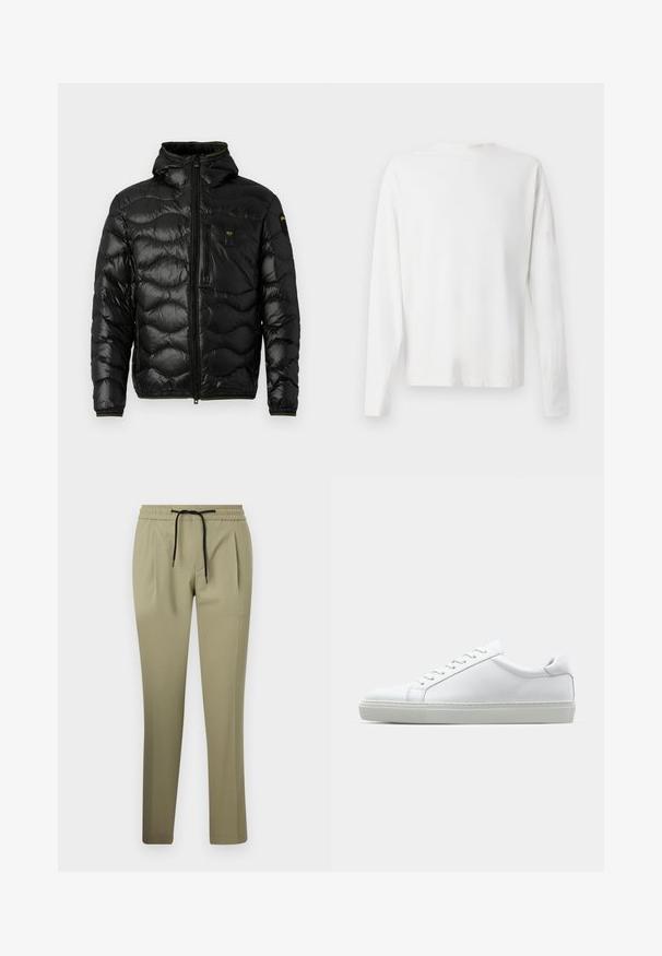 Giacca a vento nera con texture lucida, cappuccio, chiusura con zip e motivo a onde. Presenta una tasca sul petto e accenti gialli a contrasto.; Camicia bianca in cotone a maniche lunghe con scollatura rotonda, spacchi laterali in fondo e una texture liscia, mostrata da dietro.; Pantaloni khaki in un tessuto morbido con una vestibilità rilassata, dotati di una cintura elasticizzata e un cordoncino. Design a gamba dritta con pences laterali.; Sneaker bianco con tomaia in pelle liscia e profilo basso. Presenta una punta arrotondata, sei occhielli e una suola in gomma testurizzata.