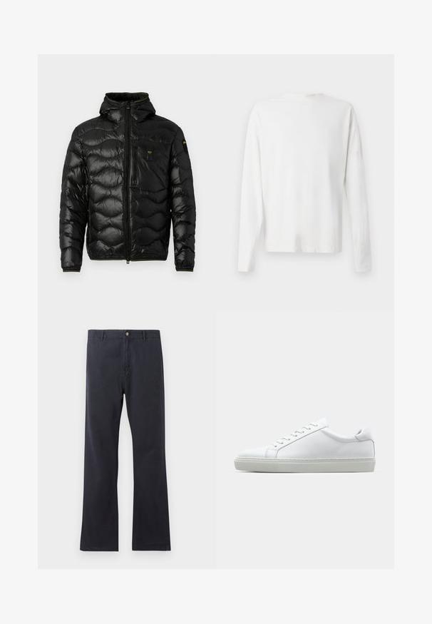 Jachetă puffer neagră cu o textură lucioasă, glugă, închidere cu fermoar și model în valuri. Dispune de un buzunar pe piept și accente galbene contrastante.; Cămașă albă din bumbac cu mâneci lungi, decolteu rotund, fante pe laterale la baza, cu o textură netedă, expusă din spate.; Chino-uri bleumarin dintr-un amestec de bumbac, cu o croială dreaptă, un fermoar cu nasture și bucle pentru curea. Textură netedă, cu detalii minime.; Adidași albi cu o suprafață din piele netedă și un profil jos. Au un vârf rotunjit, șase orificii pentru șireturi și o talpă din cauciuc texturată.