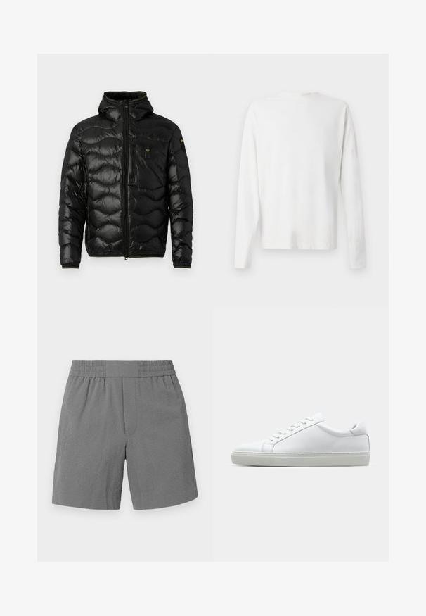 Czarna kurtka puchowa o błyszczącej teksturze, z kapturem, zamkiem błyskawicznym i wzorem fal. Posiada kieszeń na piersi oraz kontrastowe żółte akcenty.; Biała, bawełniana koszula z długim rękawem, okrągłym dekoltem, bocznymi rozcięciami na dole oraz gładką fakturą, wyeksponowana z tyłu.; Szare szorty z elastycznym pasem, teksturowana tkanina oraz prosty krój. Posiadają dwie boczne kieszenie i subtelny wzór na materiale.; Białe sneakersy z gładką skórzaną cholewką i niskim profilem. Posiadają okrągły nos, sześć dziurek na sznurówki oraz teksturowaną gumową podeszwę.