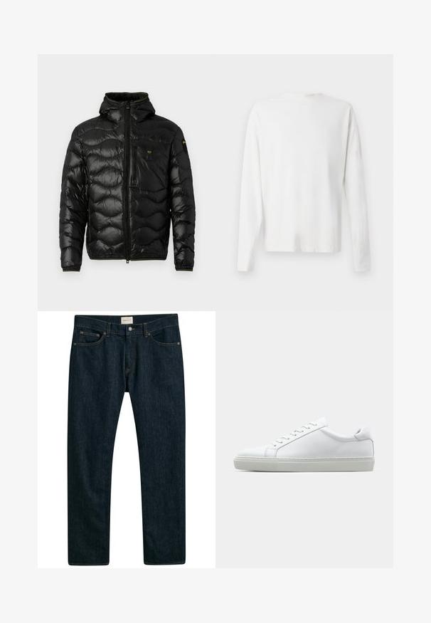 Černá prošívaná bunda s lesklou texturou, kapucí, zipovým zapínáním a vlnitým vzorem. Obsahuje náprsní kapsu a kontrastní žluté akcenty.; Bílá bavlněná košile s dlouhým rukávem a kulatým výstřihem, s bočními rozparky na spodní části a hladkým povrchem, vystavená zezadu.; Tmavě modré džíny s rovnými nohavicemi, pěti kapsami a kontrastním prošíváním na švech. Hladká struktura látky.; Bílé tenisky s hladkým koženým svrškem a nízkým profilem. Mají zaoblenou špičku, šest nýtů a texturovanou gumovou podrážku.
