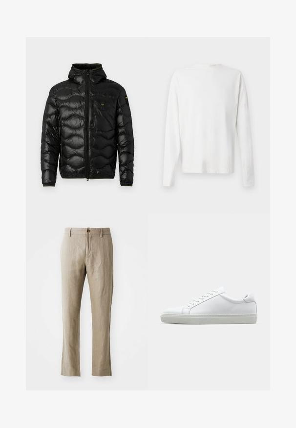 Crna puf jakna sjajne teksture, s kapuljačom, zatvaranjem na patentni zatvarač i valovitim uzorkom. Ima džep na grudima i kontrastne žute akcenta.; Bijela pamučna košulja dugih rukava s okruglim izrezom, bočnim prorezima pri dnu i glatkom teksturom, prikazana s leđa.; Bež lanene hlače ravnog kroja, s prednjim zatvaranjem na dugme i glatkom teksturom. Nema vidljivih uzoraka ili akcenata.; Bijela tenisica s glatkim kožnim gornjim dijelom i niskim profilom. Ima zaobljen vrh, šest rupica za vezanje i teksturiranu gumenu podlogu.