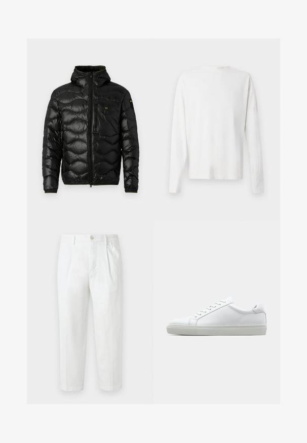 Čierna páperová bunda s lesklou textúrou, kapucňou, zipsovým zapínaním a vlnkovým vzorom. Obsahuje vrecko na hrudi a kontrastné žlté akcenty.; Biela bavlnená košeľa s dlhými rukávmi a okrúhlym výstrihom, s bočnými rozparkami na spodku a hladkou textúrou, zobrazená zozadu.; Biele bavlnené nohavice s rovnými nohavicami, majúce zapínanie na gombík, prešitý predný diel a stiahnuté lemy. Hladká textúra bez viditeľných vzorov.; Biele tenisky s hladkým koženým zvrškom a nízkym profilom. Majú zaoblenú špičku, šesť očiek a štruktúrovanú gumovú podrážku.