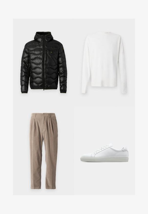 Melnā pūkainā jakas ar spīdīgu faktūru, kapuci, rāvējslēdzēja aizdari un viļņu rakstu. Detaļās ir krūšu kabata un kontrastējošas dzeltenas akcenti.; Garums piedurkņu baltā kokvilnas krekls ar apaļu dekoltē, sānu šķēlumiem apakšā un gludu tekstūru, redzams no aizmugures.; Beige corduroy bikses ar brīvu piegriezumu, kurām ir krokas, pogu aizdare un sānu kabatas, teksturēta virsma un sašaurinātas kājas dizains.; Baltie sporta apavi ar gludu ādas virsu un zemu profilu. Iezīmējas ar noapaļotu purngalu, sešām acīm un teksturētu gumijas zoli.