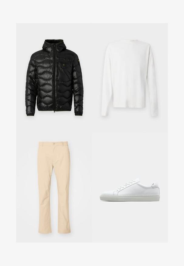 Fekete puffdzseki fényes textúrával, kapucnival, cipzáras záródással és hullámmintával. Két mellzsebet tartalmaz és kontrasztos sárga részletekkel rendelkezik.; Hosszú ujjú fehér pamut ing kerek nyakkivágással, az alján oldalsó hasítékokkal és sima textúrával, hátulról bemutatva.; Beige pamut nadrág, egyenes szabással, gombos záródással és övhurkokkal. Simább textúra, látható minták vagy díszítések nélkül.; Fehér sportcipő sima bőr felső résszel és alacsony profilsal. Kerek orr, hat fűzőlyuk és barázdált gumitalp jellemzi.