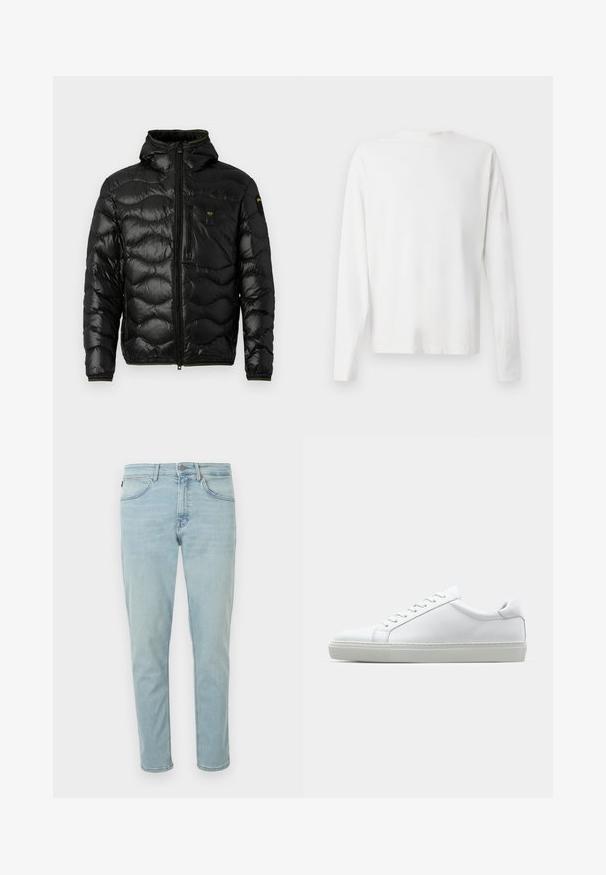 Jachetă puffer neagră cu o textură lucioasă, glugă, închidere cu fermoar și model în valuri. Dispune de un buzunar pe piept și accente galbene contrastante.; Cămașă albă din bumbac cu mâneci lungi, decolteu rotund, fante pe laterale la baza, cu o textură netedă, expusă din spate.; Blugi din denim albastru deschis, croială slim, cu cinci buzunare, închidere cu nasture și fermoar, și estompare minimă pentru un aspect curat.; Adidași albi cu o suprafață din piele netedă și un profil jos. Au un vârf rotunjit, șase orificii pentru șireturi și o talpă din cauciuc texturată.