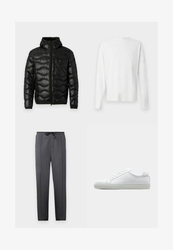 Μαύρο μπουφάν με γυαλιστερή υφή, κουκούλα, κλείσιμο με φερμουάρ και σχέδιο κυμάτων. Διαθέτει τσέπη στο στήθος και αντίθετα κίτρινα στοιχεία.; Λευκό βαμβακερό πουκάμισο μακρυμάνικο με στρογγυλή λαιμόκοψη, πλαϊνές σχισμές στο κάτω μέρος και λεία υφή, εμφανιζόμενο από πίσω.; Μαύρες υφασμάτινες φόρμες με ελαστική μέση και κορδόνι, που διαθέτουν πλάϊνες τσέπες και στενές μανσέτες για εφαρμογή που αγκαλιάζει το σώμα.; Λευκό αθλητικό παπούτσι με άνω μέρος από λείο δέρμα και χαμηλό προφίλ. Διαθέτει στρογγυλεμένη μύτη, έξι τρυπούλες και υφασμένη καουτσούκ σόλα.