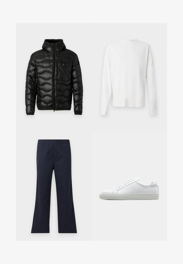 Black puffer jacket with a shiny texture, hood, zip closure, and wave pattern. Features a chest pocket and contrasting yellow accents.; Long-sleeved white cotton shirt with a round neckline, side slits at the bottom, and a smooth texture, displayed from the back.; Navy blue, flared pants made of smooth fabric. Features an elastic waistband and side pockets. Clean lines and minimalist design.; White sneaker with a smooth leather upper and a low profile. Features a rounded toe, six eyelets, and a textured rubber sole.